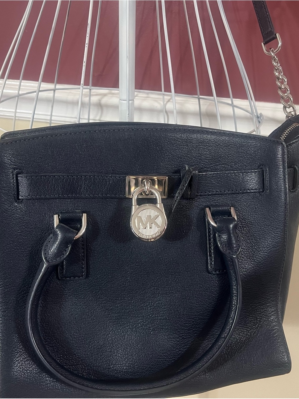 Michael Kors Black Pebble Leather Satchel with Silver Padlock